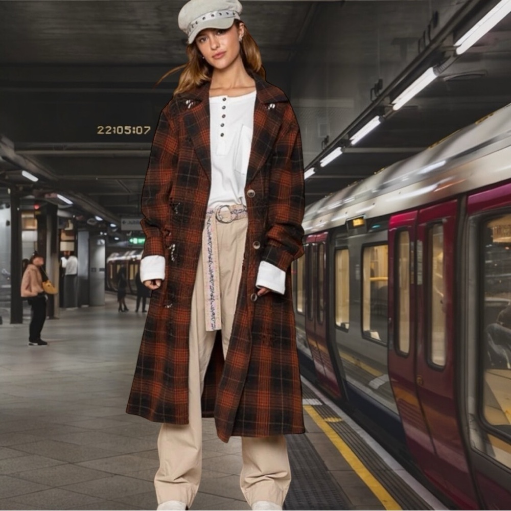 🌸POL Oversized Red and Black Plaid Coat P006